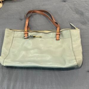 Fossil blue Leather Shoulder Bag with Tan Handles.